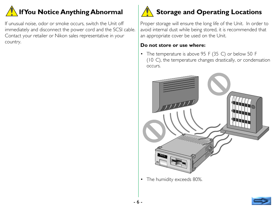 If you notice anything abnormal, Storage and operating locations | Nikon LS-1000 User Manual | Page 6 / 36