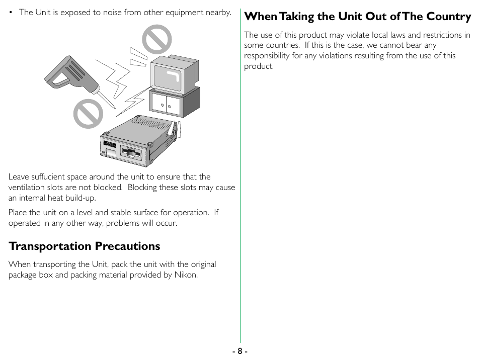 Transportation precautions, When taking the unit out of the country | Nikon LS-1000 User Manual | Page 8 / 36