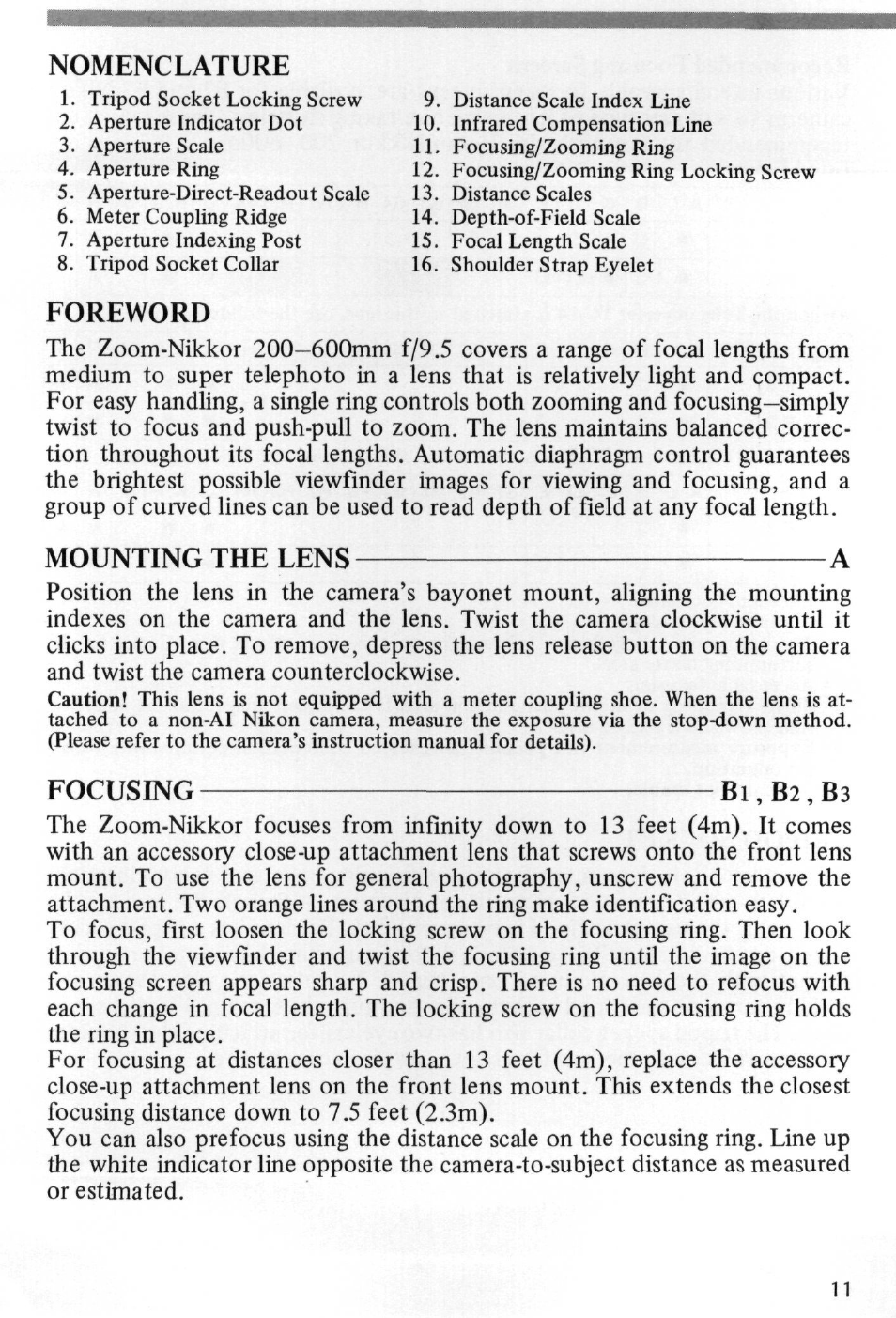 Nomenclature, Foreword, Mounting the lens a | Nikon AI-S Zoom-NIKKOR 200-600mm f-9.5 User Manual | Page 11 / 34