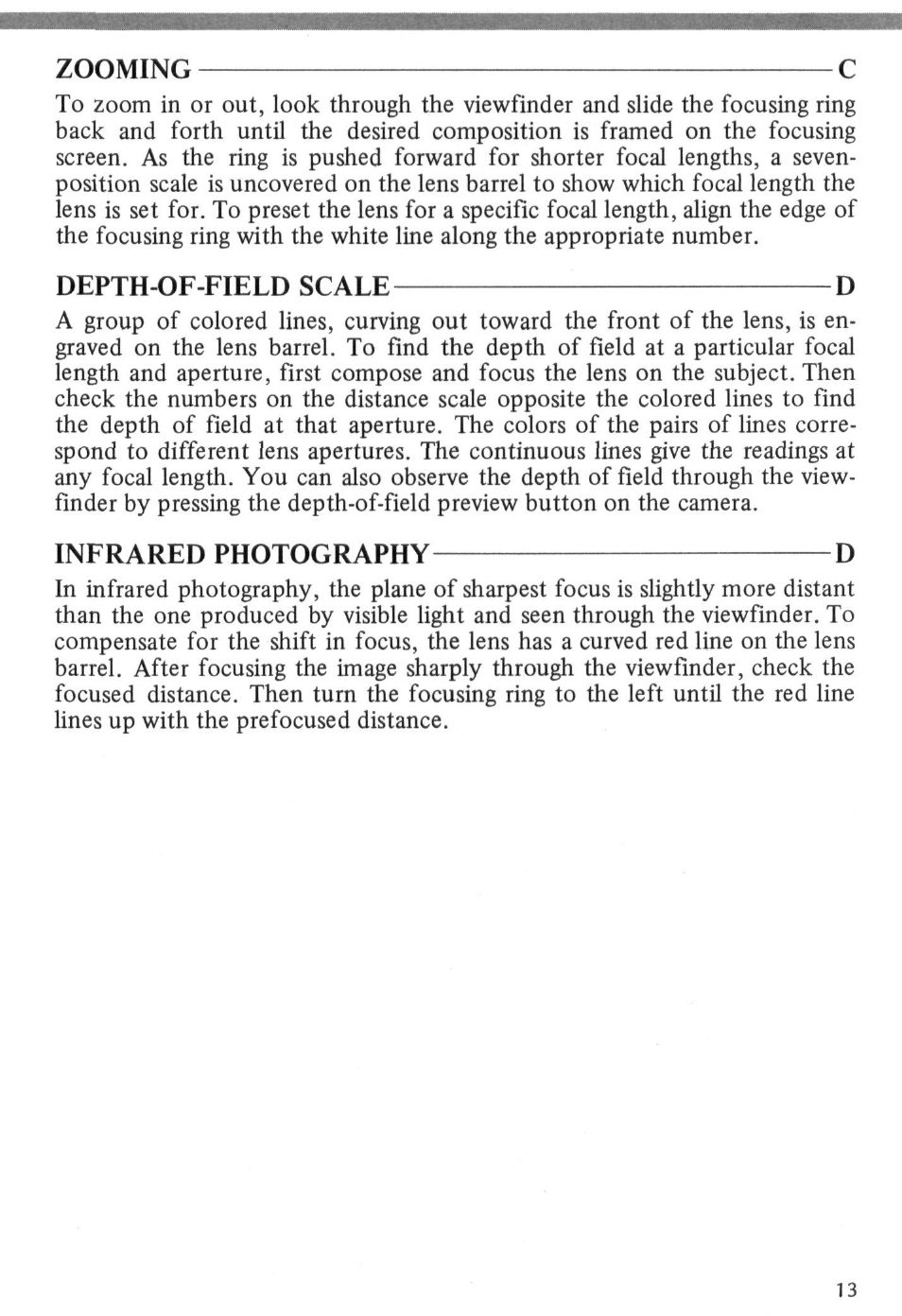 Zooming c, Depth-of-field scale, Infrared photography | Nikon AI-S Zoom-NIKKOR 200-600mm f-9.5 User Manual | Page 13 / 34