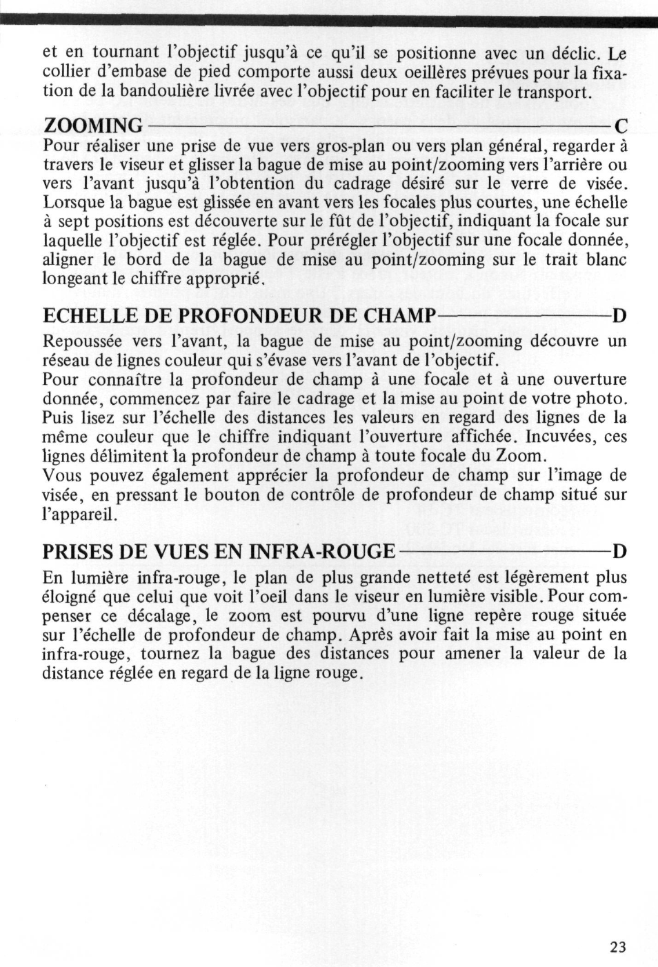 Zooming c, Echelle de profondeur de champ, Prises de vues en infra rouge | Nikon AI-S Zoom-NIKKOR 200-600mm f-9.5 User Manual | Page 23 / 34