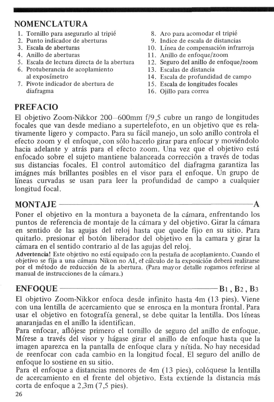 Nomenclatura, Prefacio, Montaje a | Enfoque | Nikon AI-S Zoom-NIKKOR 200-600mm f-9.5 User Manual | Page 26 / 34