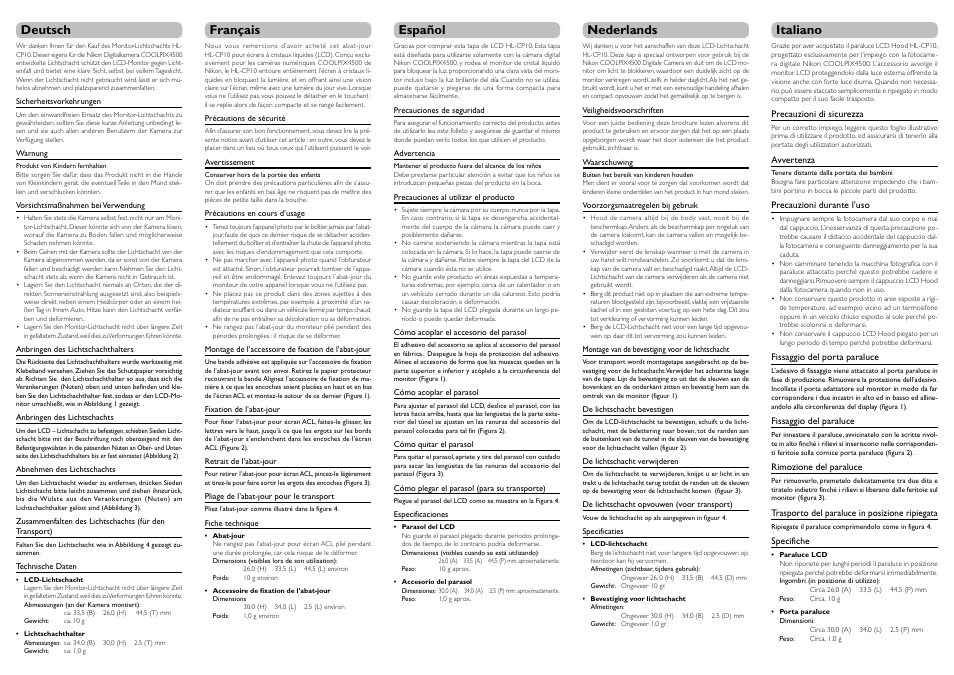 Deutsch français español nederlands italiano | Nikon HL-CP10 LCD Hood 4500 User Manual | Page 2 / 2