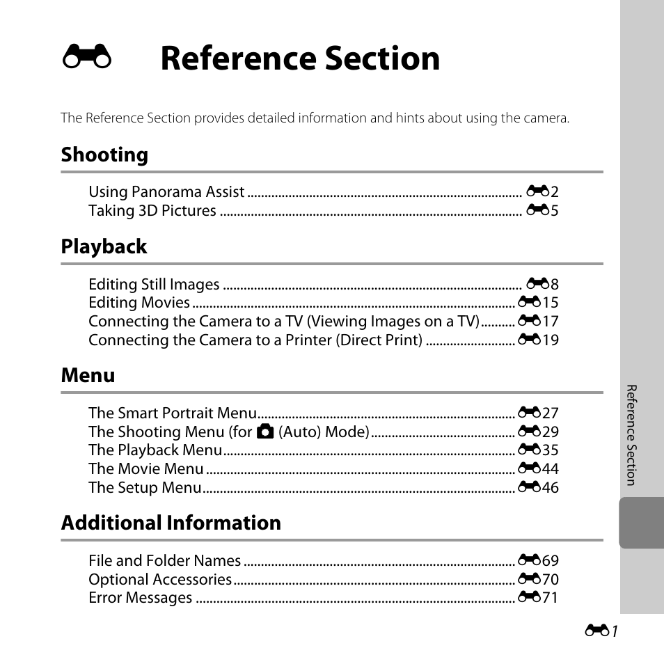 Reference section, Shooting, Playback | Menu, Additional information | Nikon L810 User Manual | Page 111 / 216