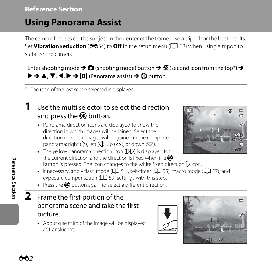 Using panorama assist, Button | Nikon L810 User Manual | Page 112 / 216