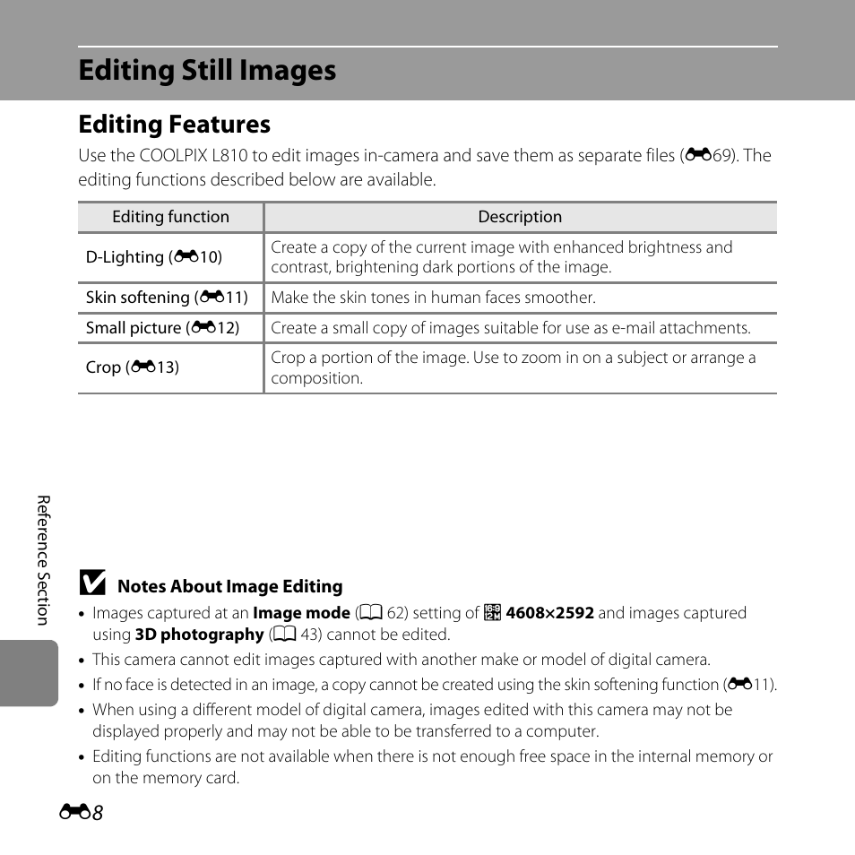 Editing still images, Editing features | Nikon L810 User Manual | Page 118 / 216