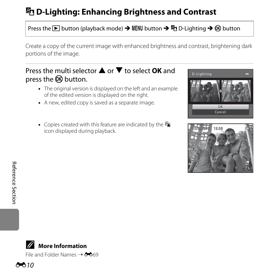 D-lighting: enhancing brightness and contrast, I d-lighting: enhancing brightness and contrast, E10) | Nikon L810 User Manual | Page 120 / 216