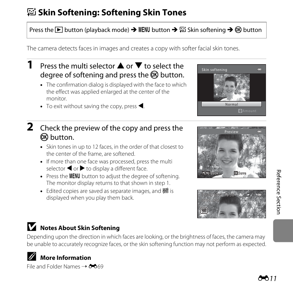 Skin softening: softening skin tones, E skin softening: softening skin tones, E11) | Nction | Nikon L810 User Manual | Page 121 / 216