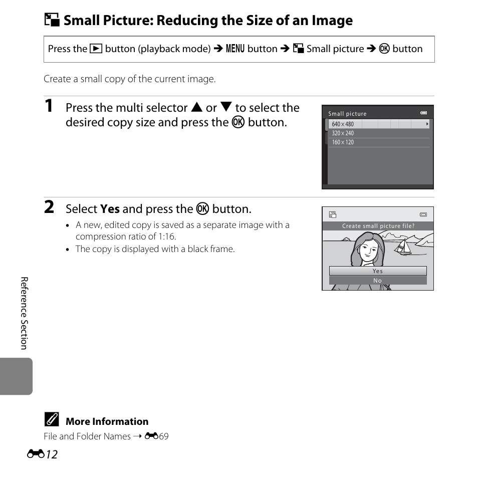 Small picture: reducing the size of an image, G small picture: reducing the size of an image, Select yes and press the k button | Nikon L810 User Manual | Page 122 / 216