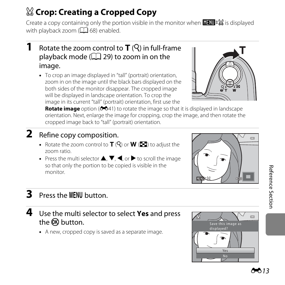 Crop: creating a cropped copy, A crop: creating a cropped copy, E13) | Nikon L810 User Manual | Page 123 / 216