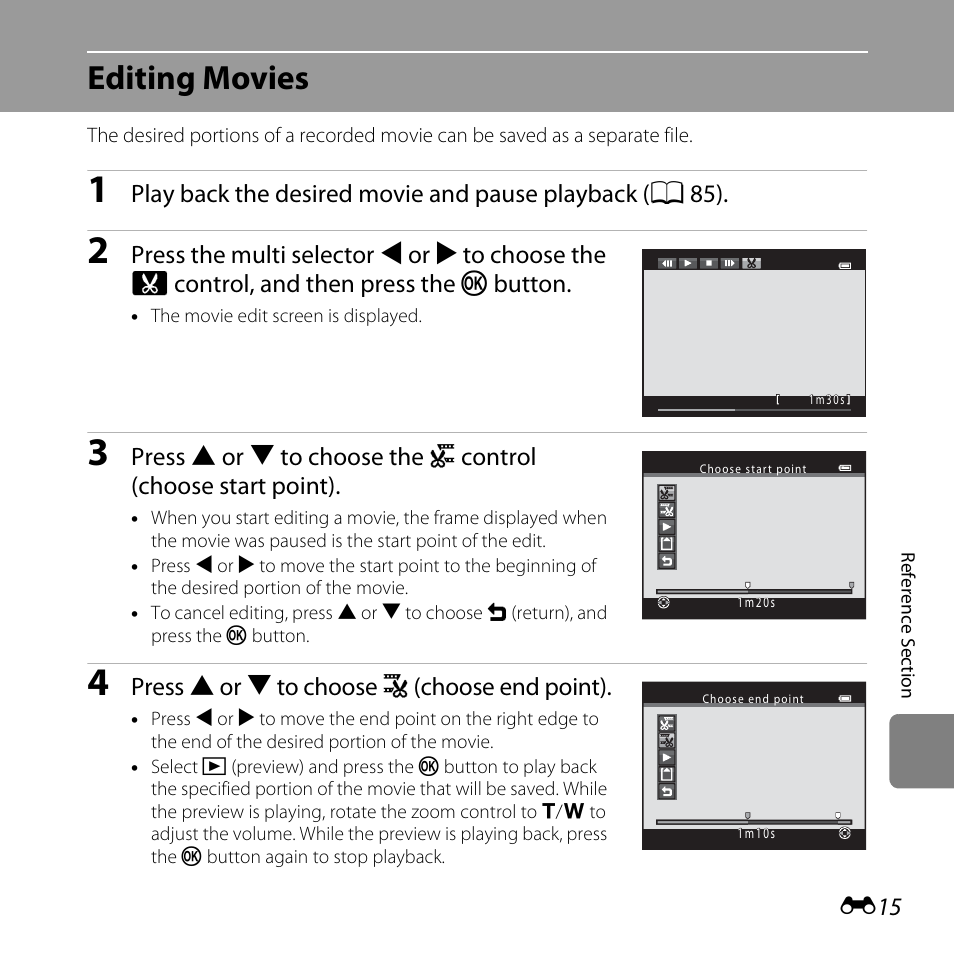 Editing movies, Press h or i to choose n (choose end point) | Nikon L810 User Manual | Page 125 / 216