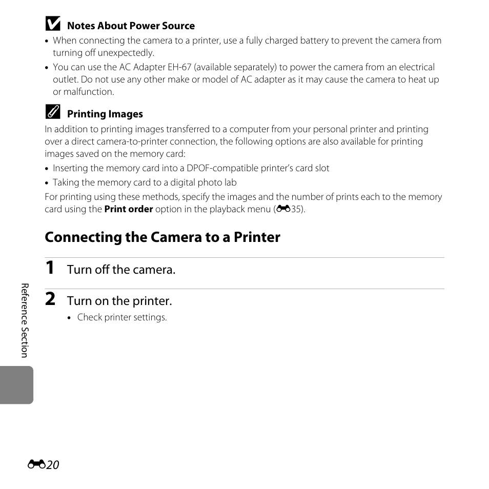 Connecting the camera to a printer, E20) | Nikon L810 User Manual | Page 130 / 216