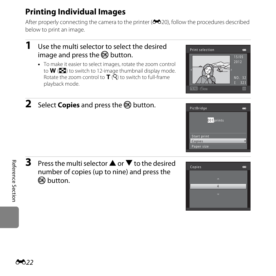 Printing individual images, E22), Select copies and press the k button | Nikon L810 User Manual | Page 132 / 216