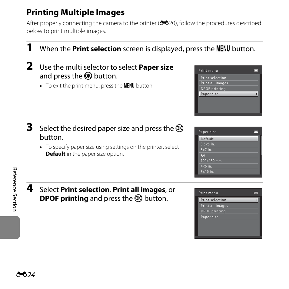 Printing multiple images, E24) | Nikon L810 User Manual | Page 134 / 216