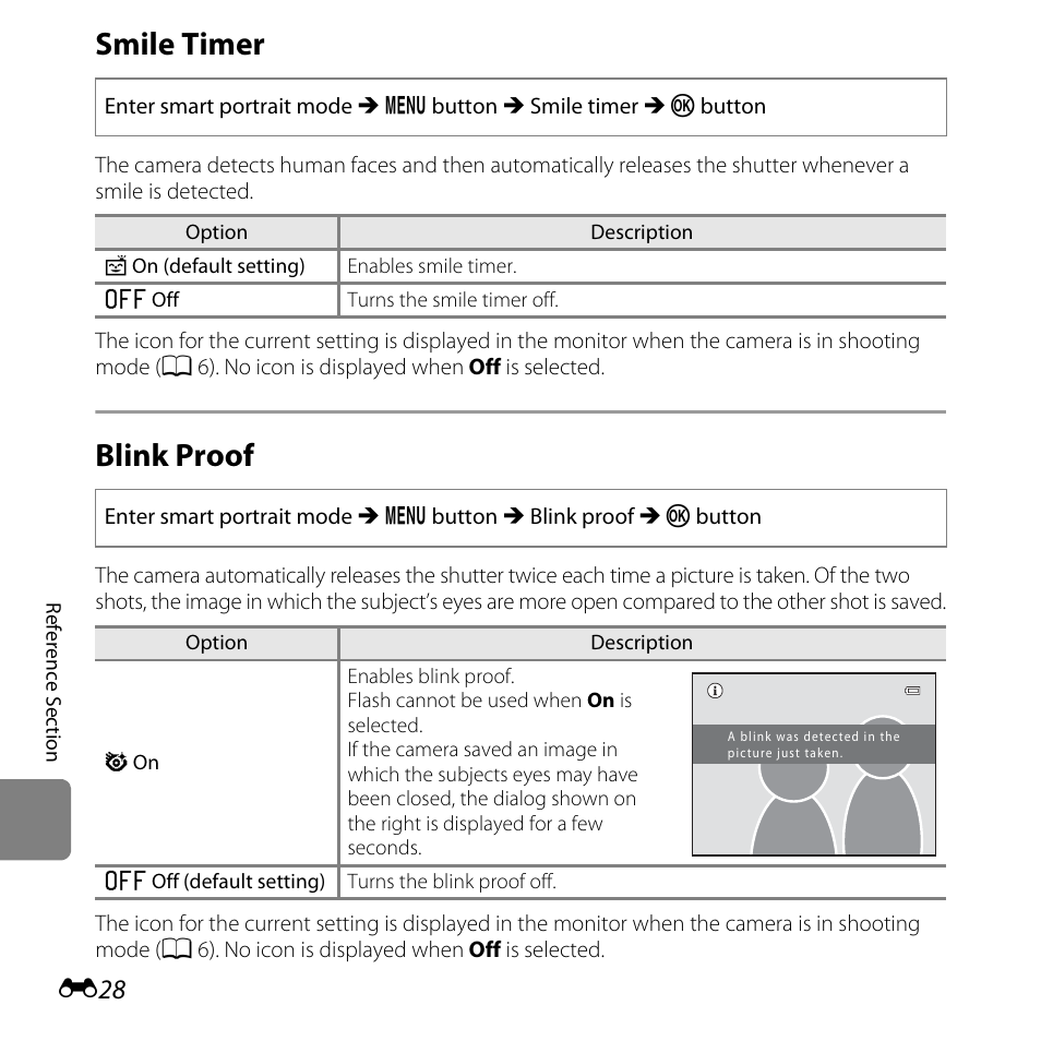Smile timer, Blink proof, E28) | E28) to | Nikon L810 User Manual | Page 138 / 216