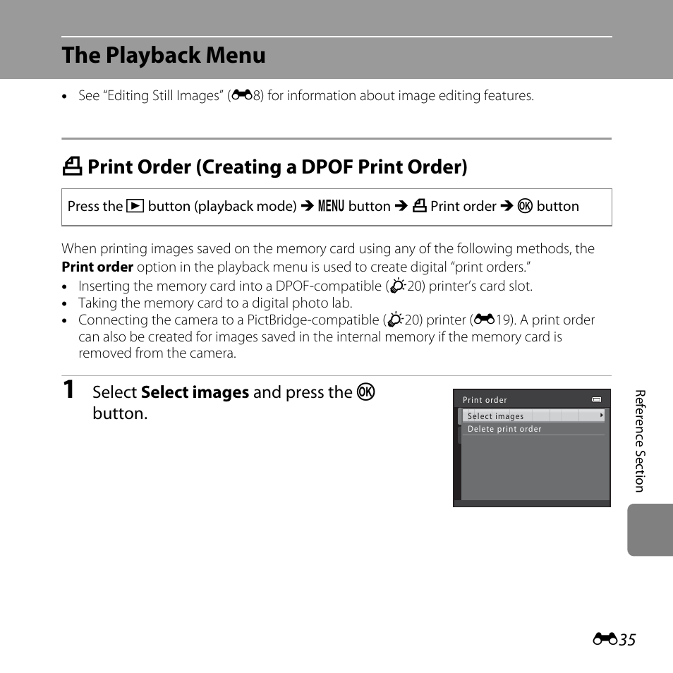 The playback menu, Print order (creating a dpof print order), A print order (creating a dpof print order) | E35), Select select images and press the k button | Nikon L810 User Manual | Page 145 / 216