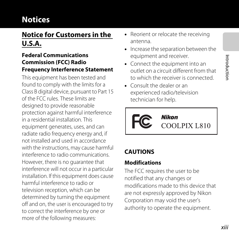 Notices, Notice for customers in the u.s.a | Nikon L810 User Manual | Page 15 / 216