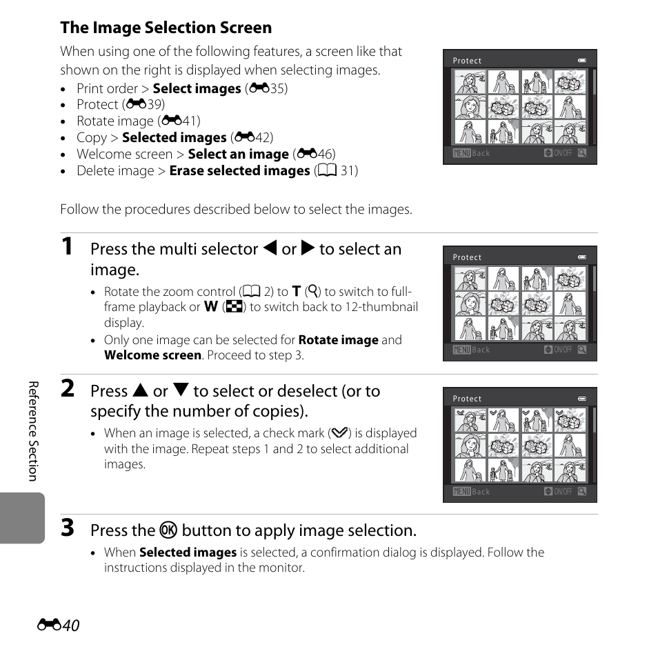 The image selection screen” (e40), The image selection screen, Press the multi selector j or k to select an image | Press the k button to apply image selection | Nikon L810 User Manual | Page 150 / 216