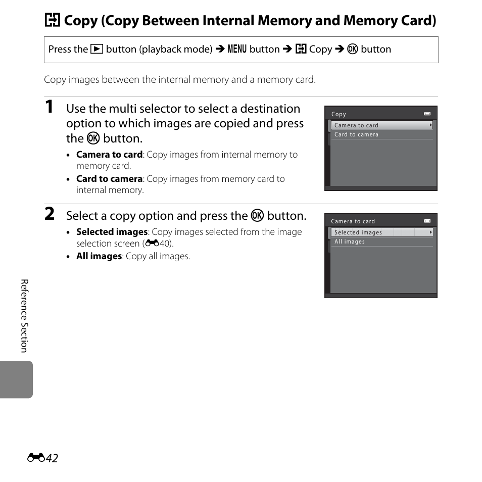 E42), Select a copy option and press the k button | Nikon L810 User Manual | Page 152 / 216