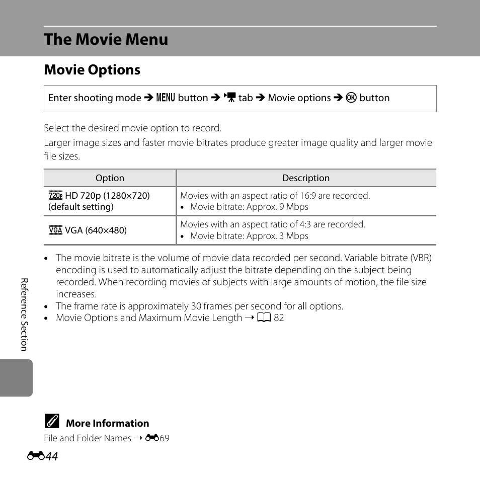 The movie menu, Movie options | Nikon L810 User Manual | Page 154 / 216