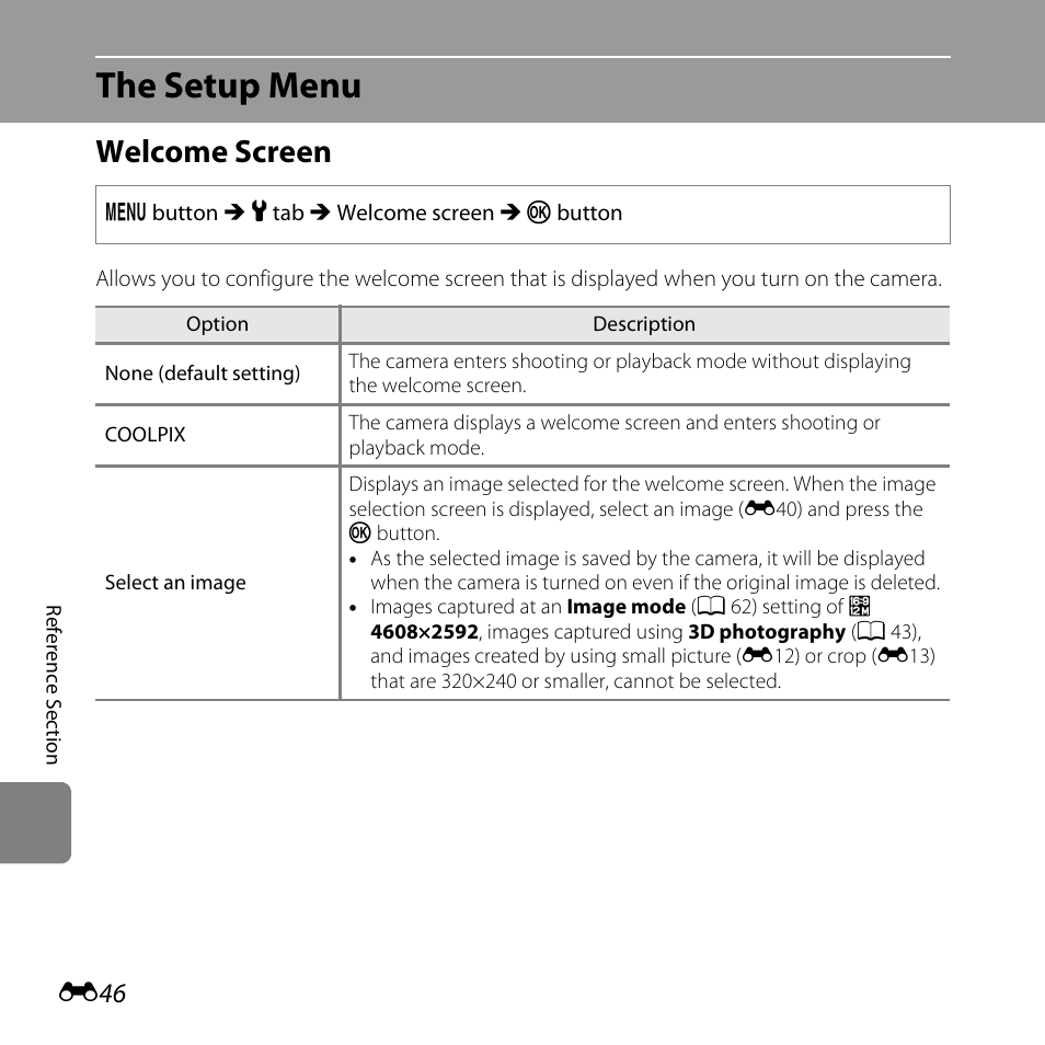 The setup menu, Welcome screen, E46) | Nikon L810 User Manual | Page 156 / 216