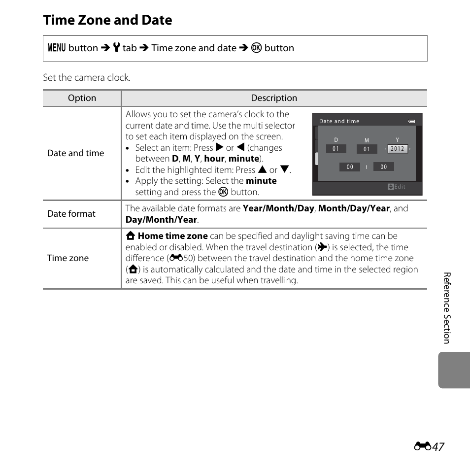 Time zone and date, E47) | Nikon L810 User Manual | Page 157 / 216