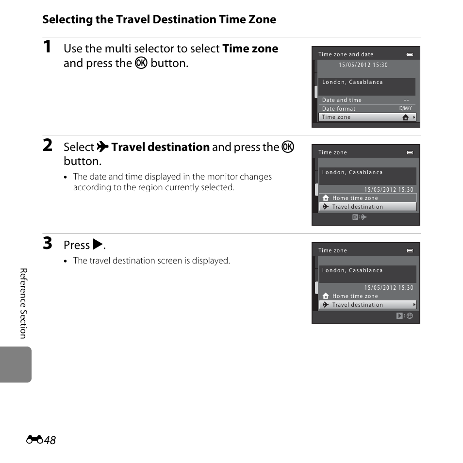 Selecting the travel destination time zone, Select x travel destination and press the k button, Press k | Nikon L810 User Manual | Page 158 / 216