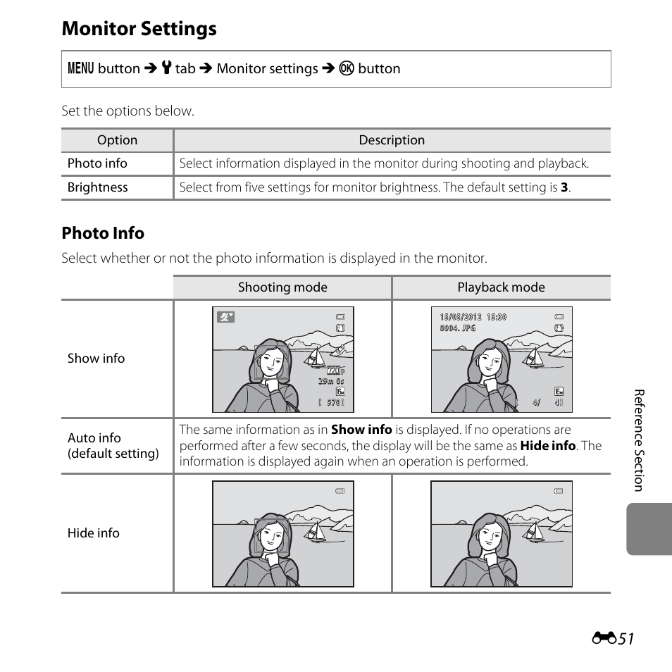 Monitor settings, E51), Photo info | Nikon L810 User Manual | Page 161 / 216