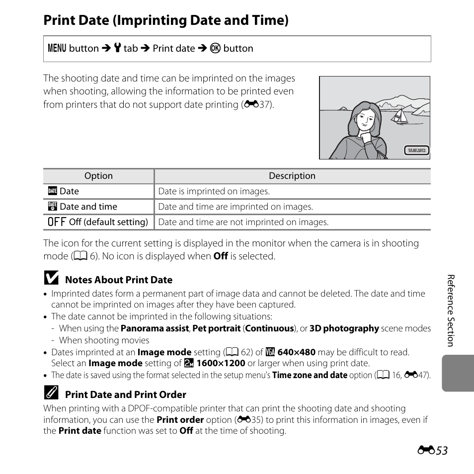 Print date (imprinting date and time), E53) in, E53) i | Nikon L810 User Manual | Page 163 / 216