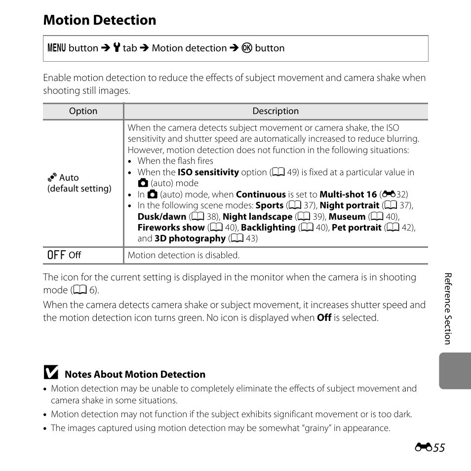 Motion detection, E55) doe | Nikon L810 User Manual | Page 165 / 216