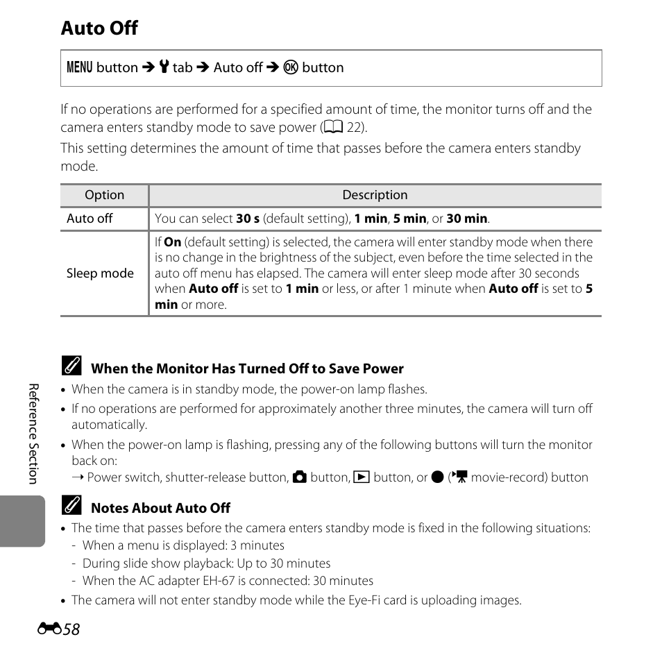 Auto off | Nikon L810 User Manual | Page 168 / 216
