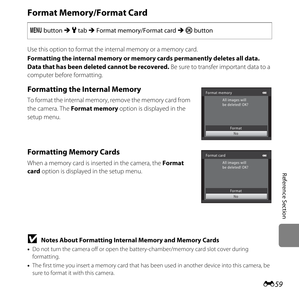 Format memory/format card, E59) in the, E59) | Nikon L810 User Manual | Page 169 / 216