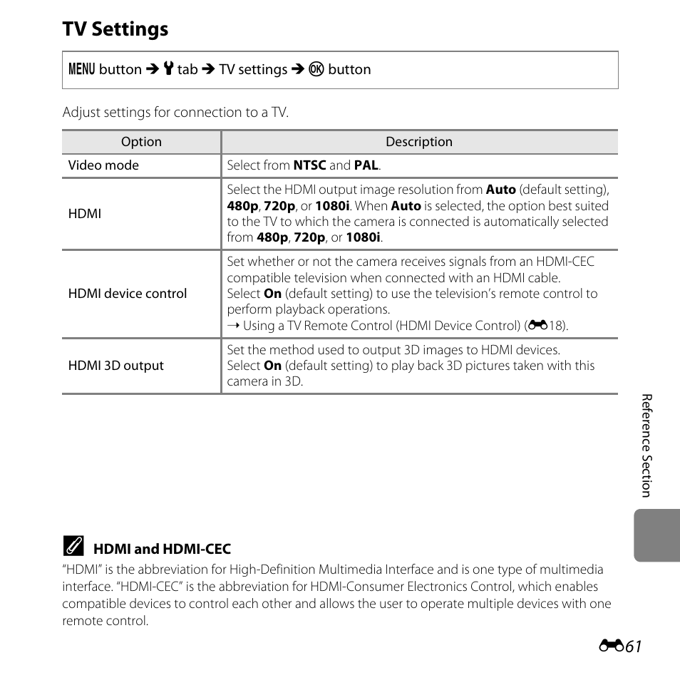 Tv settings, E61) to, E61) | Nikon L810 User Manual | Page 171 / 216