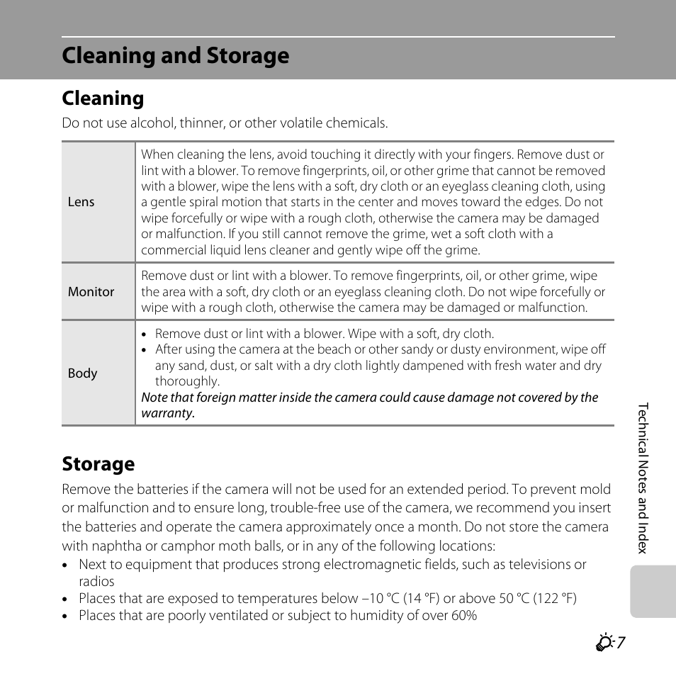 Cleaning and storage, Cleaning, Storage | F7 storage | Nikon L810 User Manual | Page 193 / 216