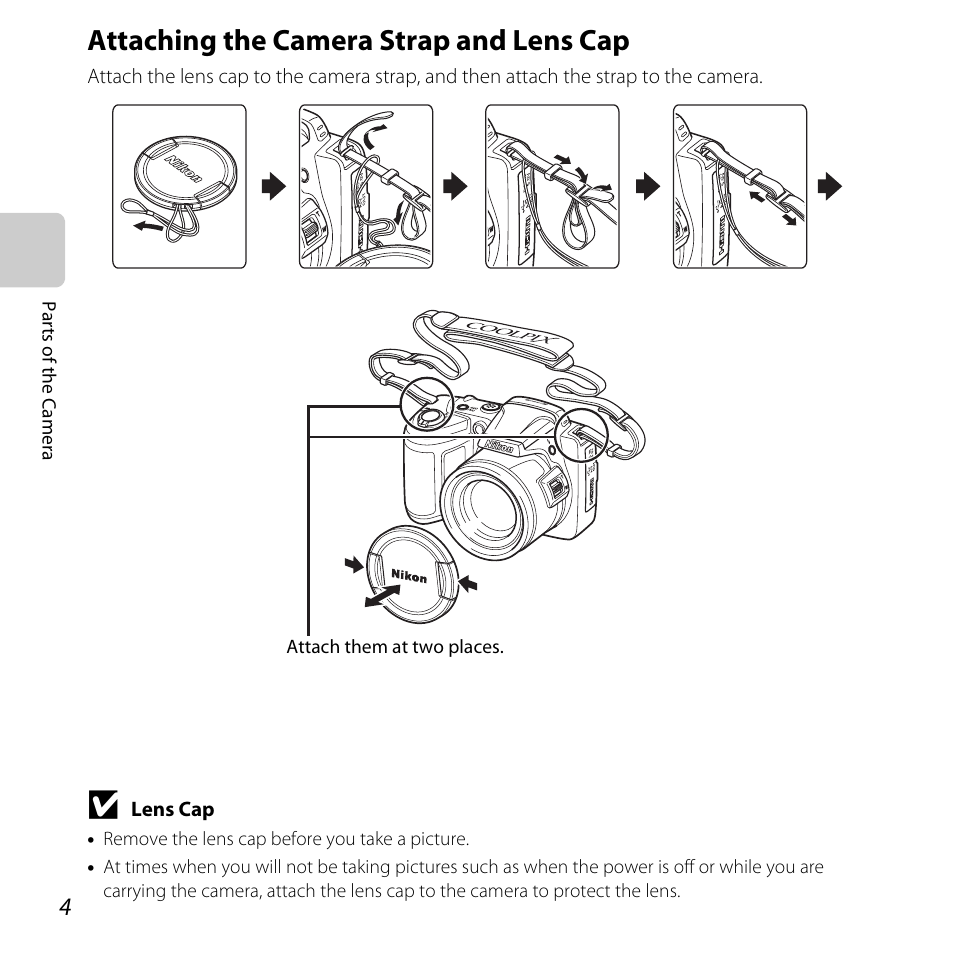 Attaching the camera strap and lens cap | Nikon L810 User Manual | Page 24 / 216