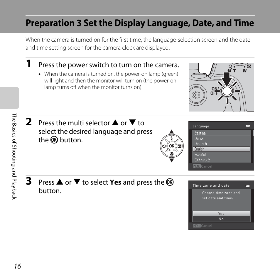 Press the power switch to turn on the camera, Press h or i to select yes and press the k button | Nikon L810 User Manual | Page 36 / 216