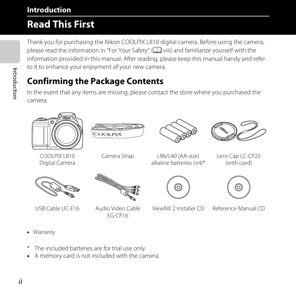 Introduction, Read this first, Confirming the package contents | Nikon L810 User Manual | Page 4 / 216
