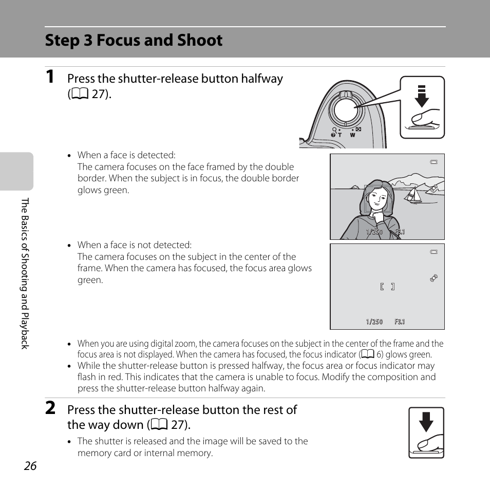 Step 3 focus and shoot, Press the shutter-release button halfway (a 27) | Nikon L810 User Manual | Page 46 / 216