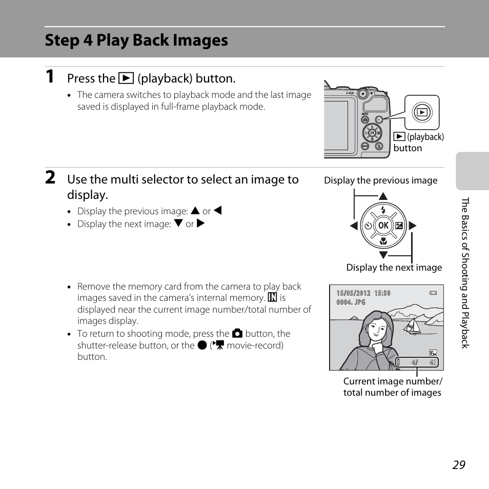 Step 4 play back images, Press the c (playback) button | Nikon L810 User Manual | Page 49 / 216