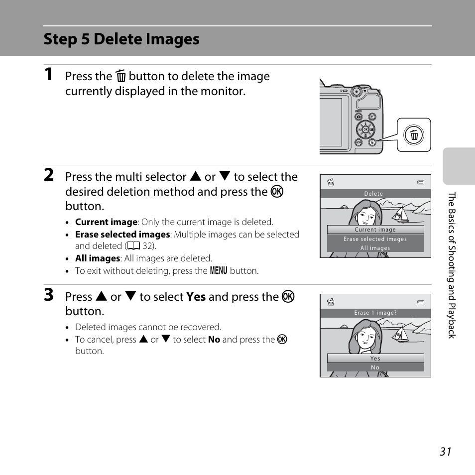 Step 5 delete images, Press h or i to select yes and press the k button | Nikon L810 User Manual | Page 51 / 216