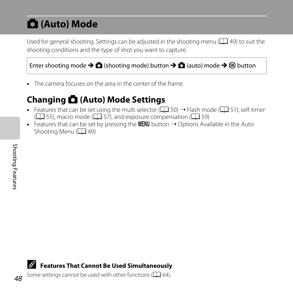 Auto mode, Changing auto mode settings, A (auto) mode | Changing a (auto) mode settings, And 48) | Nikon L810 User Manual | Page 68 / 216