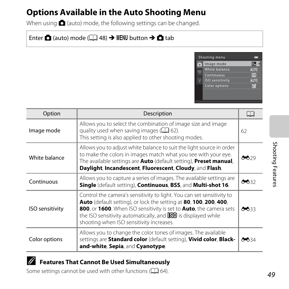 Options available in the auto shooting menu, A 49) to, Options available in the auto | Shooting menu, A 49) | Nikon L810 User Manual | Page 69 / 216