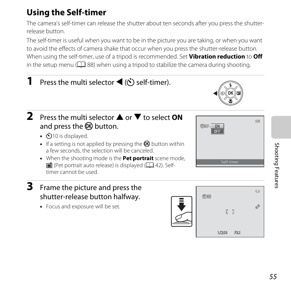 Using the self-timer, A 55), an, A 55), macr | A 55, Press the multi selector j (n self-timer) | Nikon L810 User Manual | Page 75 / 216