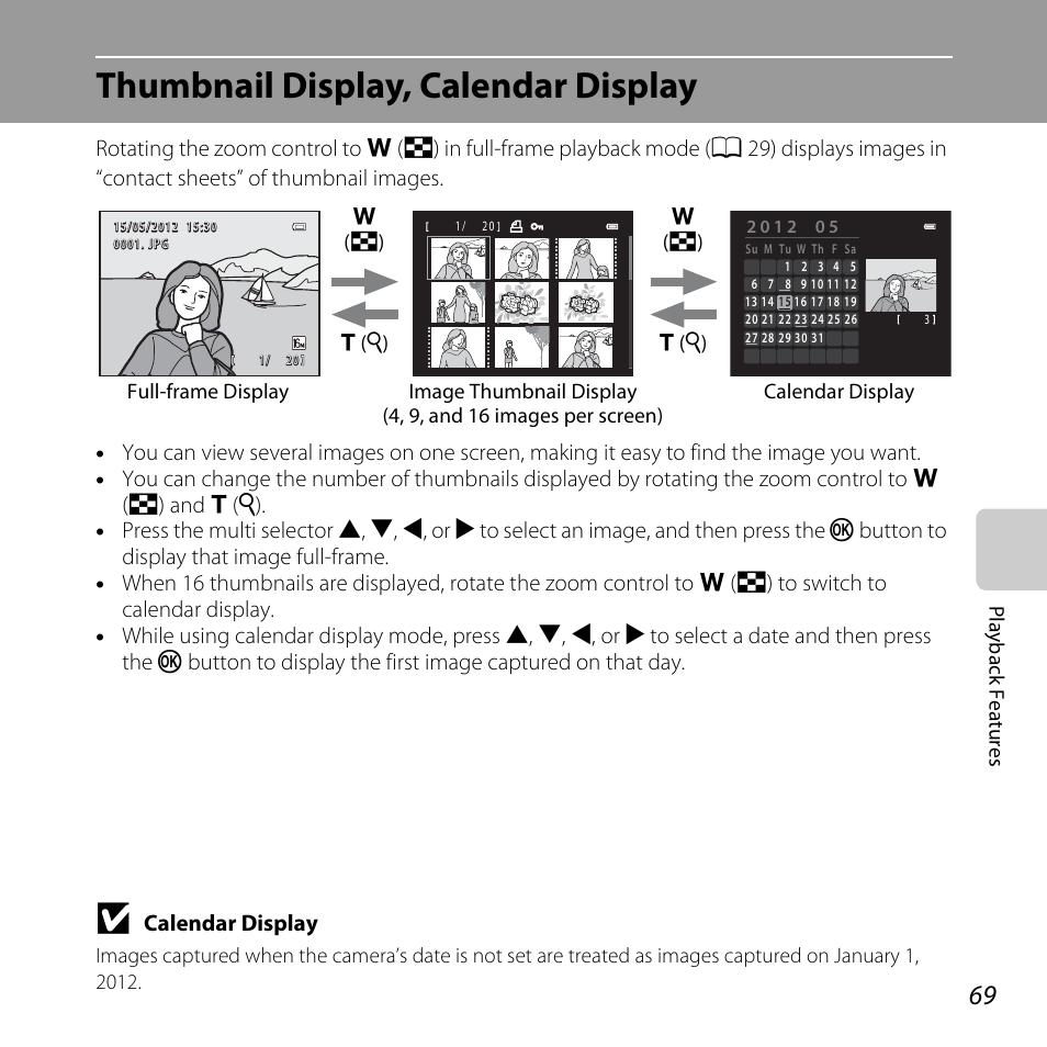 Thumbnail display, calendar display, A 69, Calendar display | Nikon L810 User Manual | Page 89 / 216