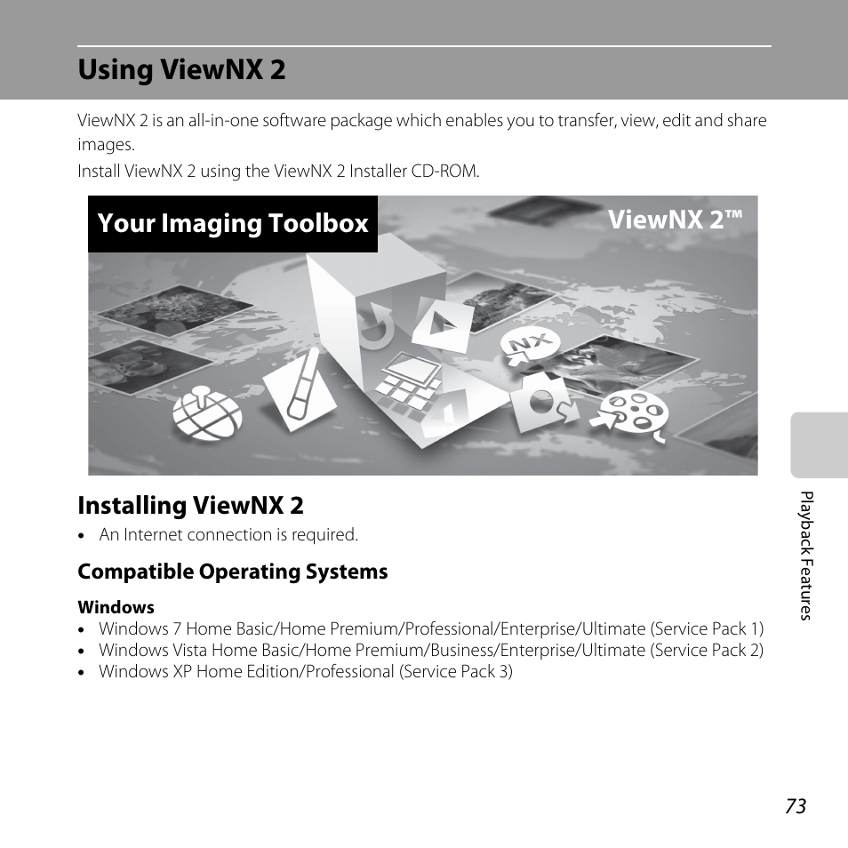 Using viewnx 2, Installing viewnx 2, A 73) | A 73, Your imaging toolbox viewnx 2 | Nikon L810 User Manual | Page 93 / 216