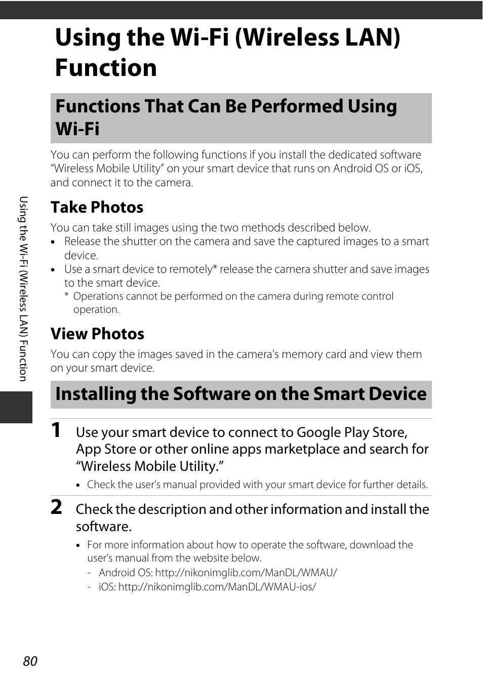 Using the wi-fi (wireless lan) function, Functions that can be performed using wi-fi, Take photos | View photos, Installing the software on the smart device, Take photos view photos | Nikon S9600 User Manual | Page 102 / 226