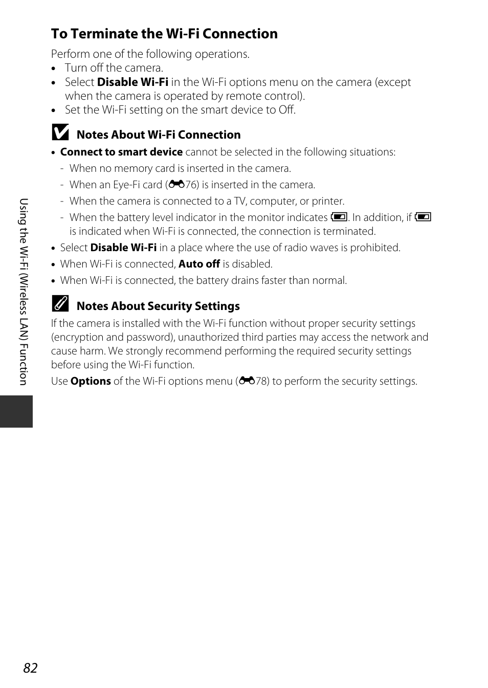 E “notes about wi-fi connection, A82) | Nikon S9600 User Manual | Page 104 / 226