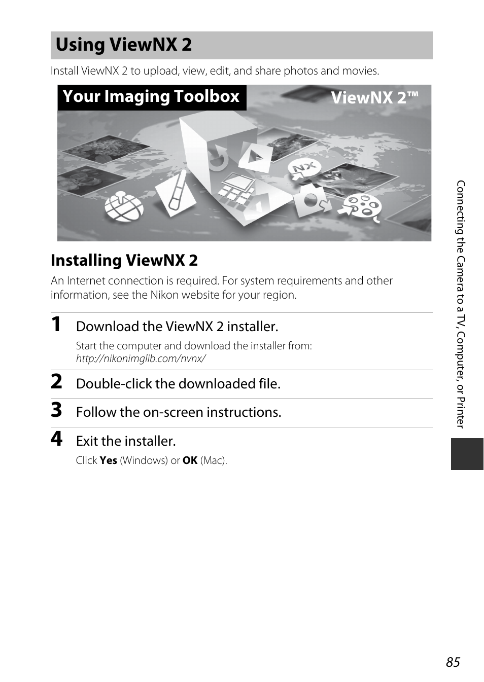 Using viewnx 2, Installing viewnx 2, A85) | Uter, Your imaging toolbox viewnx 2 | Nikon S9600 User Manual | Page 107 / 226