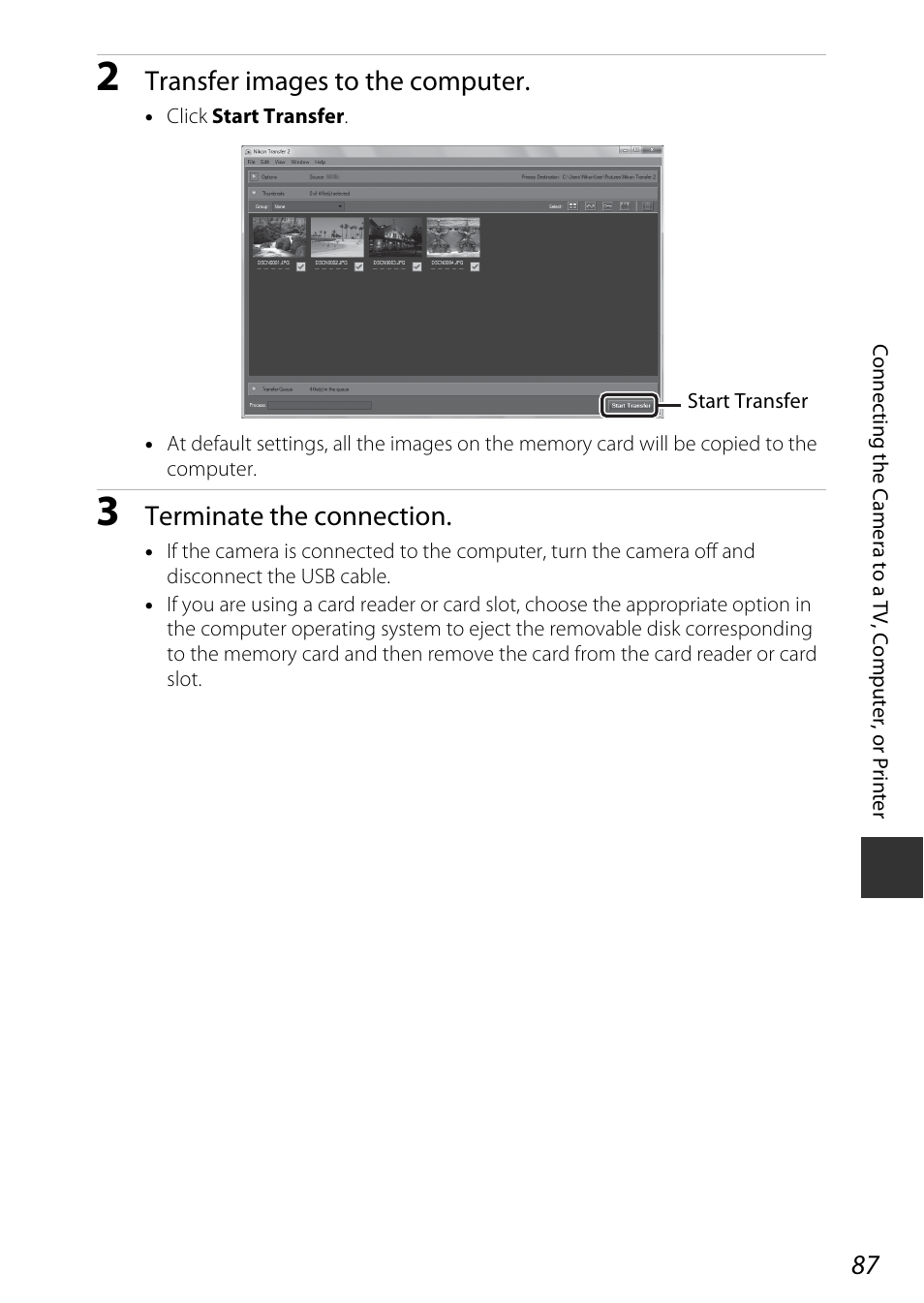 Transfer images to the computer, Terminate the connection | Nikon S9600 User Manual | Page 109 / 226