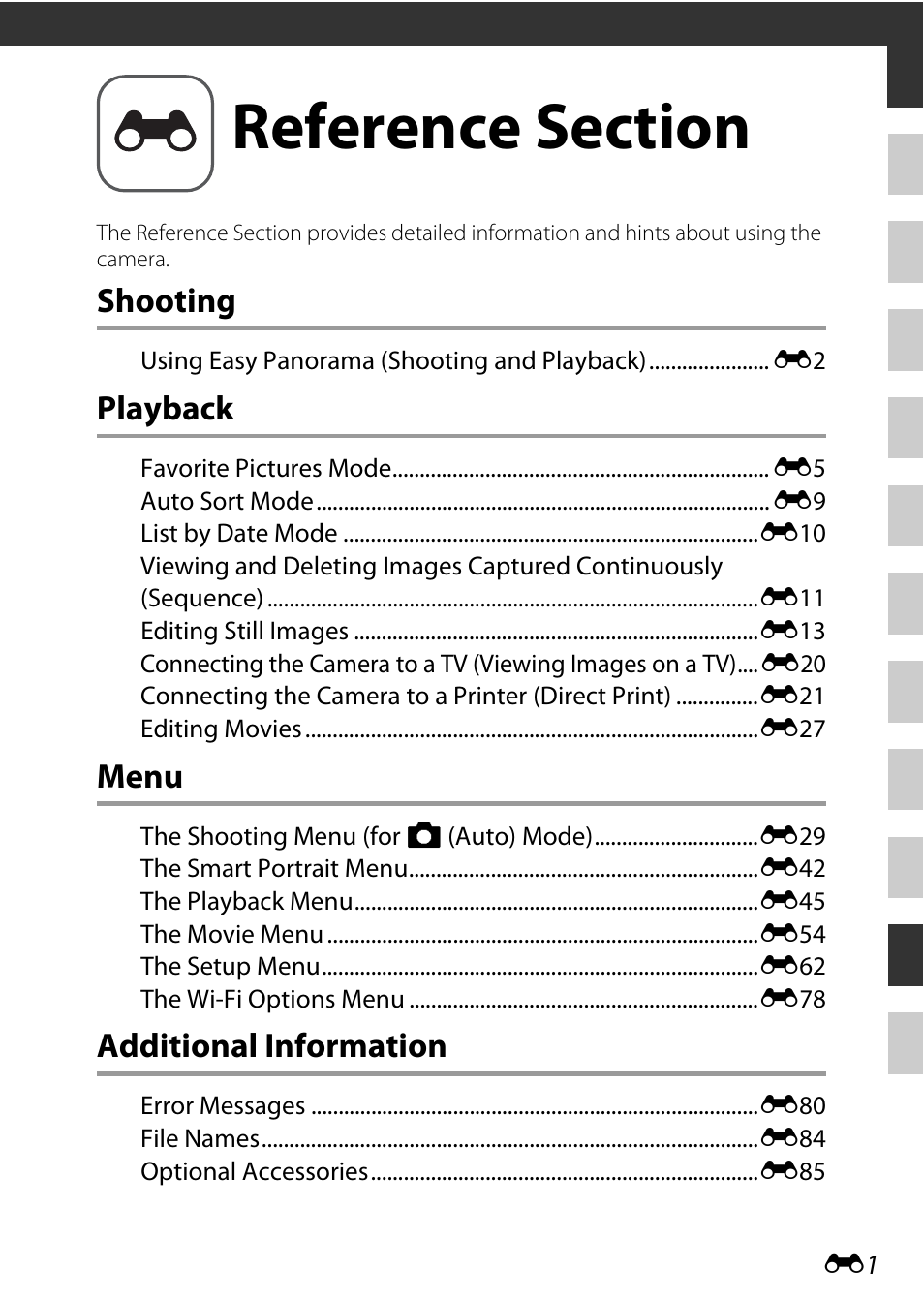 Reference section, Shooting, Playback | Menu, Additional information | Nikon S9600 User Manual | Page 111 / 226